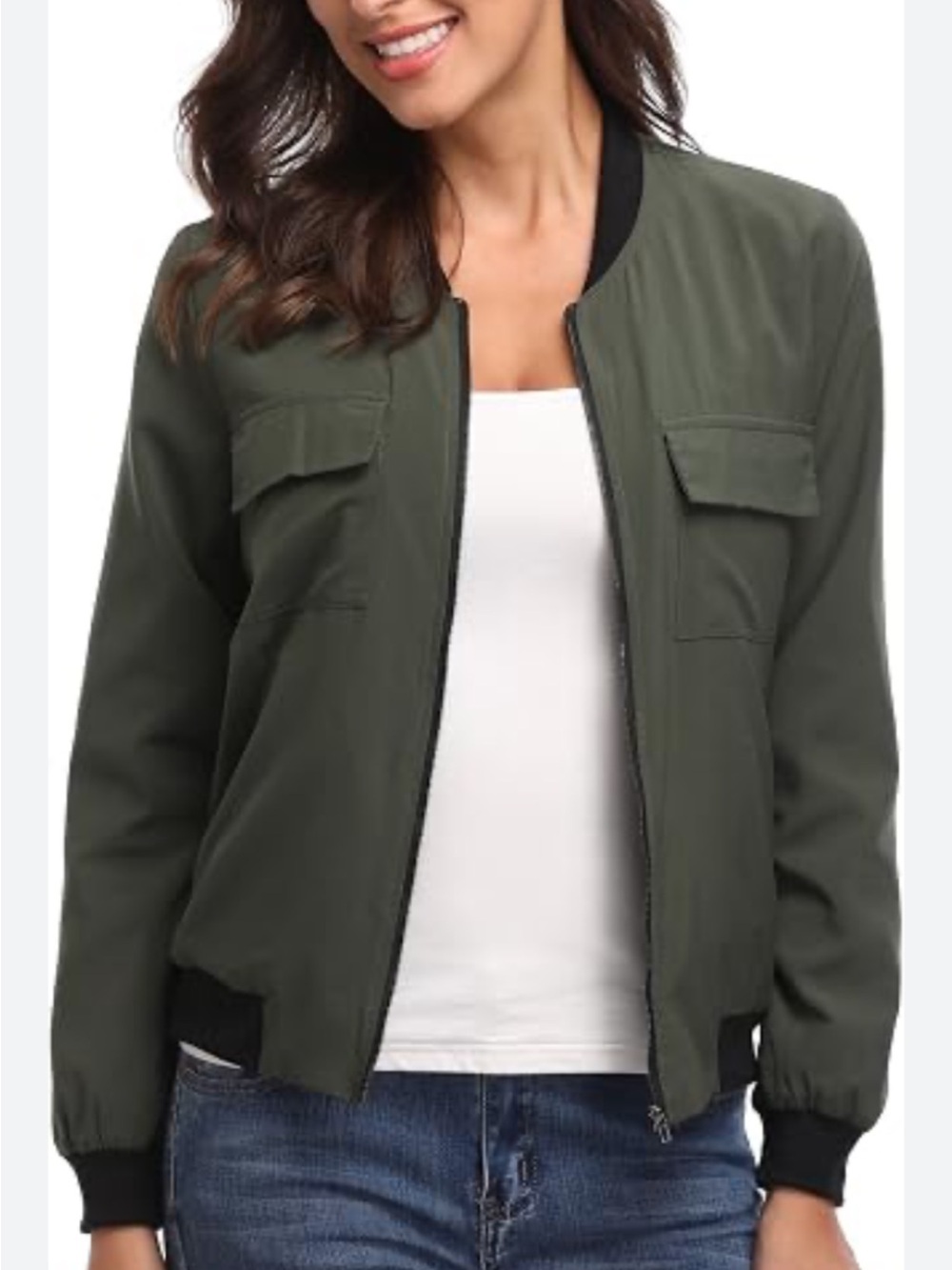 Miss Moly - Women's Bomber Jacket, coat, full zipper front. Size XS. Olive Green